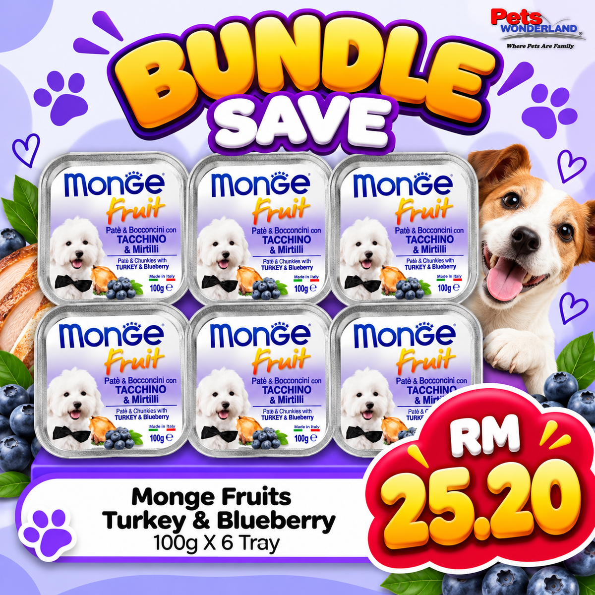 BUNDLE SAVE - Monge Fruits Turkey & Blueberry 100g X 6 Tray