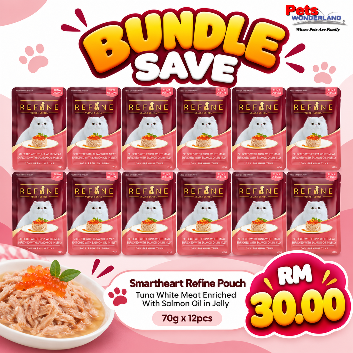 BUNDLE SAVE - Smartheart Refine Pouch Tuna White Meat Enriched With Salmon Oil in Jelly 70g x 12pcs