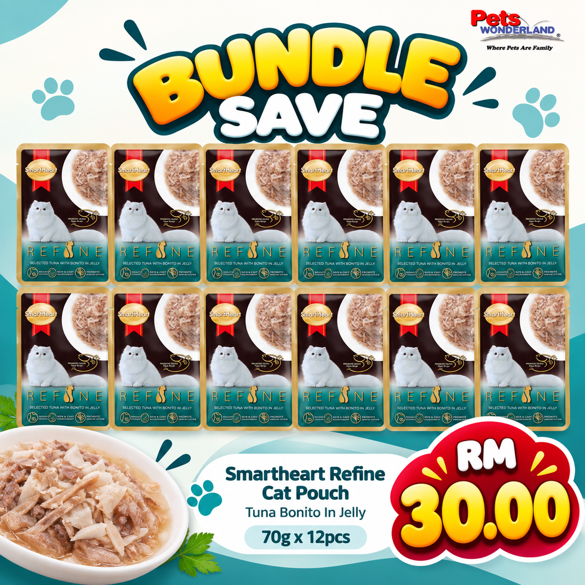 BUNDLE SAVE - Smartheart Refine Cat Pouch Tuna Bonito In Jelly 70g x 12pcs