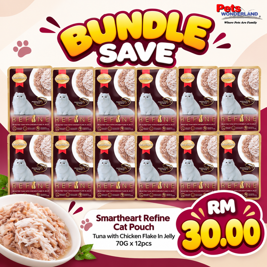 BUNDLE SAVE - Smartheart Refine Cat Pouch Tuna with Chicken Flake In Jelly 70G x 12pcs