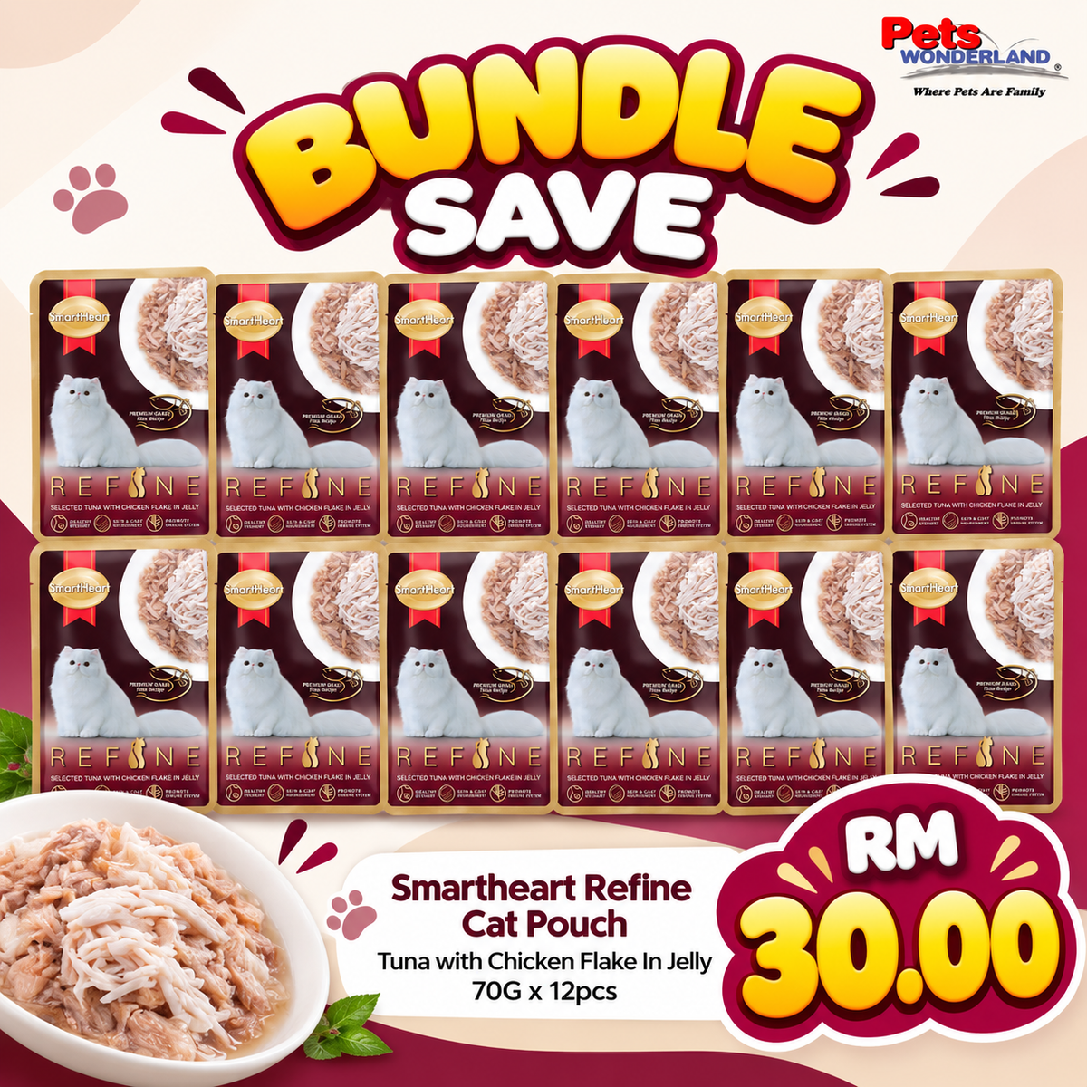 BUNDLE SAVE - Smartheart Refine Cat Pouch Tuna with Chicken Flake In Jelly 70G x 12pcs